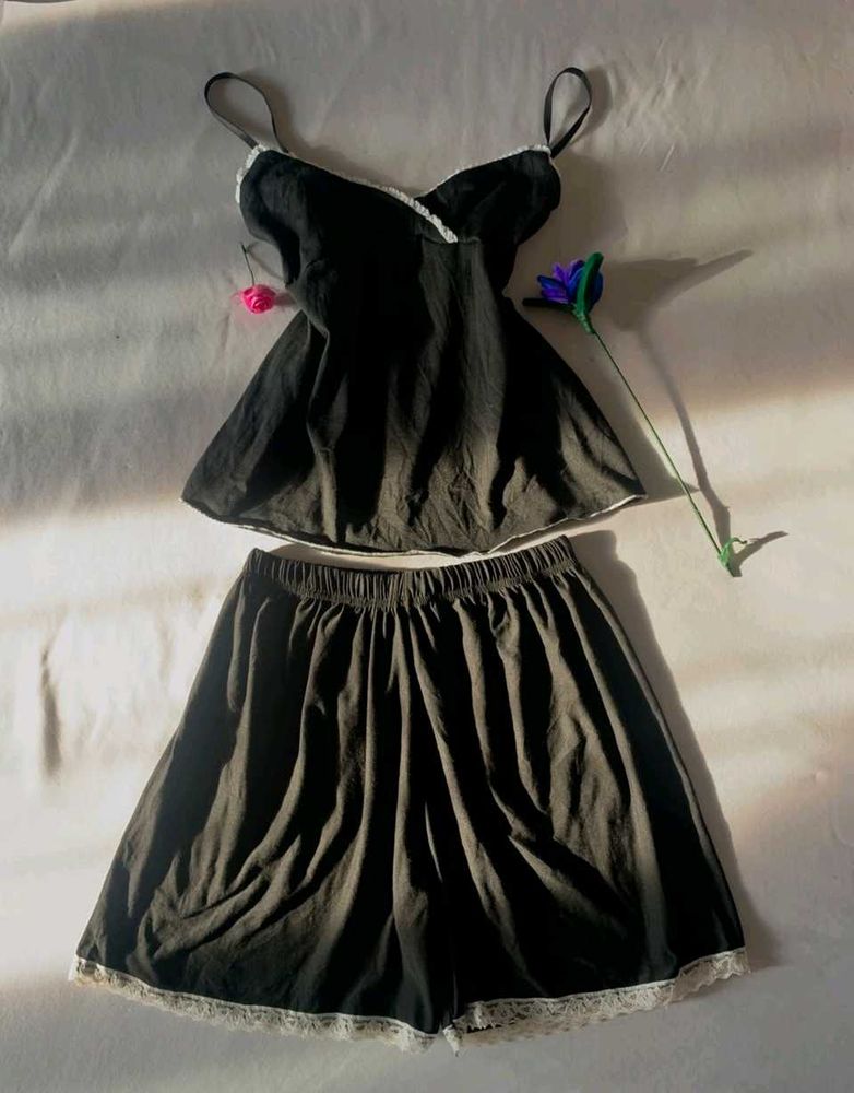 Black Lace Trim Pyjama Set