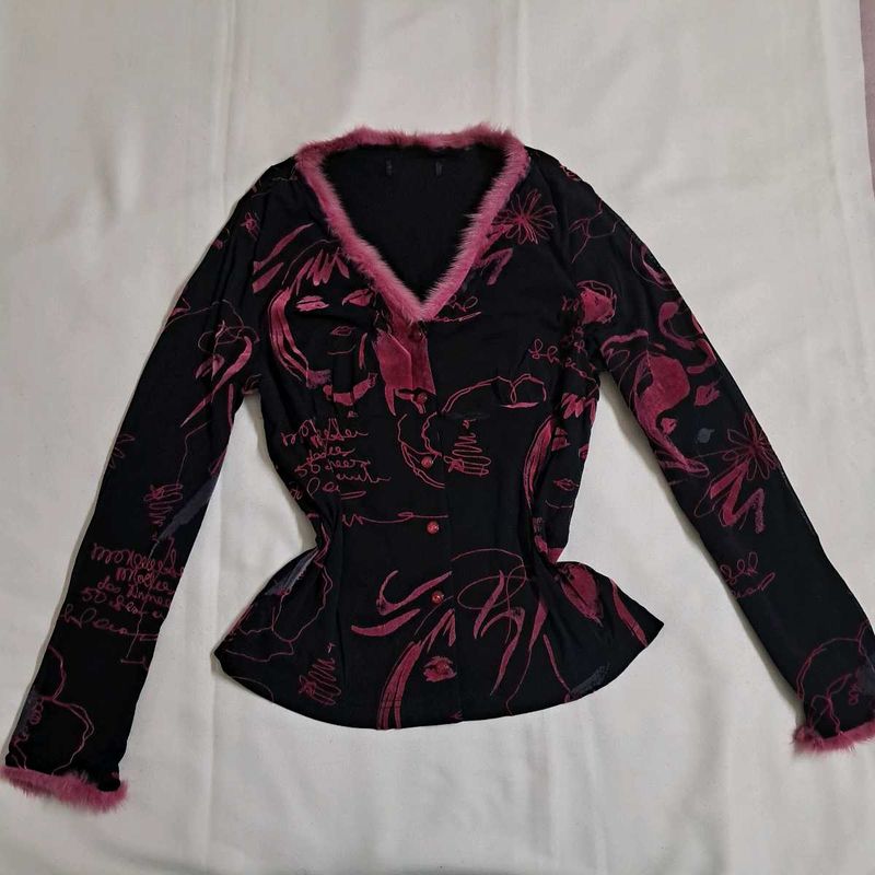 Y2k Vintage 2000s Hollywood Graphic Print Fur Top