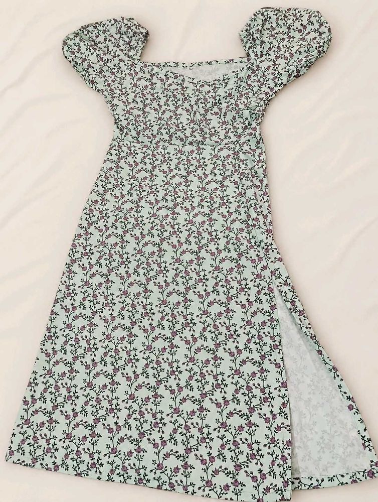 Mint Green Floral Puff Sleeve Dress | XS |