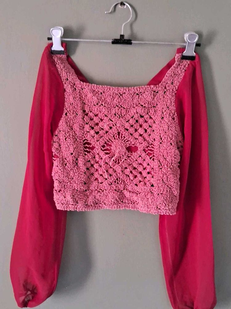 Crochet Crop Top with Sheer Sleeves