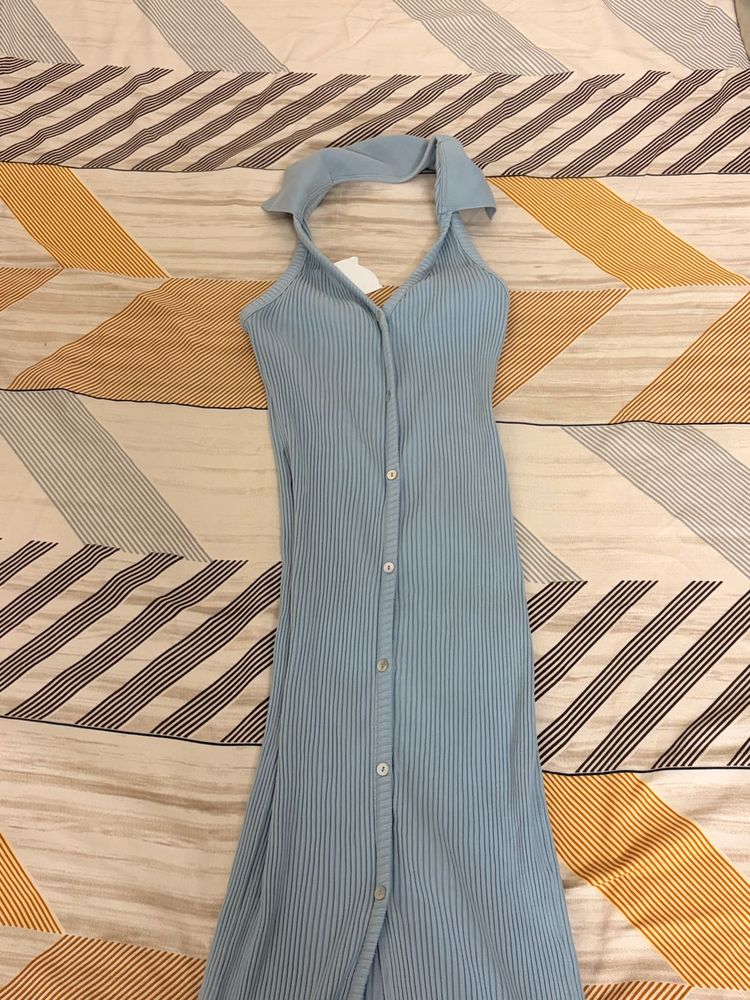 Light Blue Ribbed Halter Dress