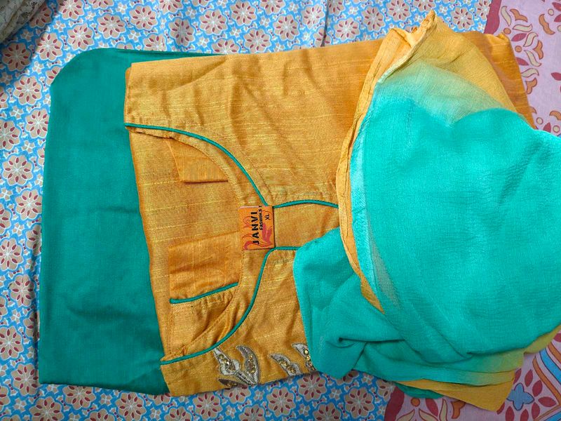 Elegant Yellow Kurta Set with Teal Dupatta