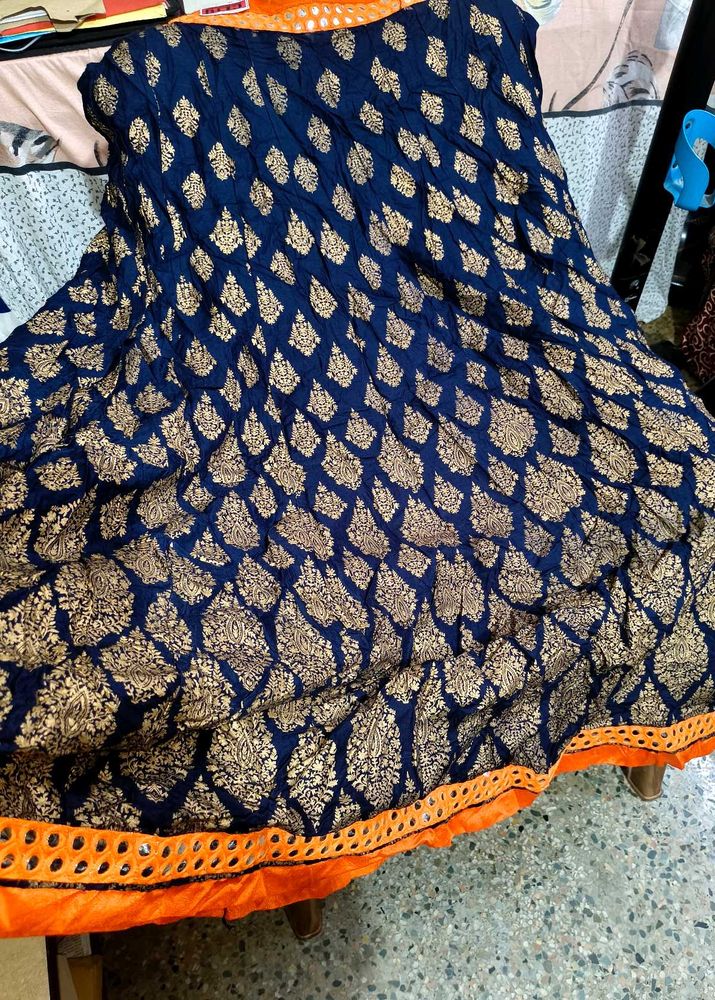 Navy Blue Lehenga Skirt with Gold Print