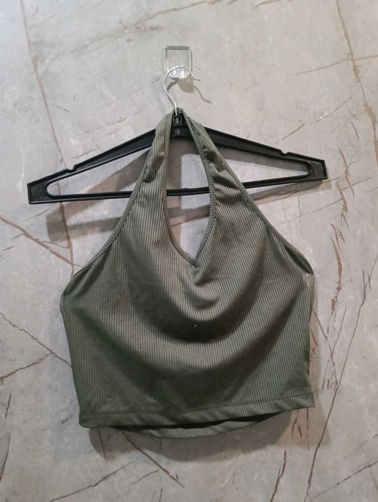 Olive Green Ribbed Halter Neck Crop Top (size-S)