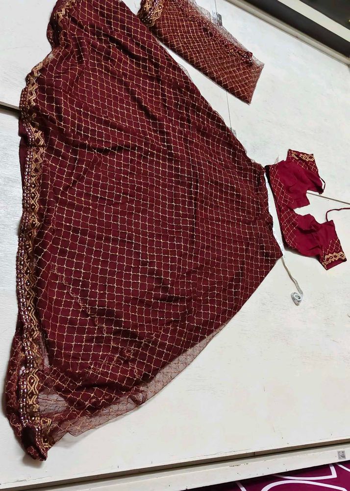 ✨ Maroon &amp; Gold Net Lehenga Set for Navratri