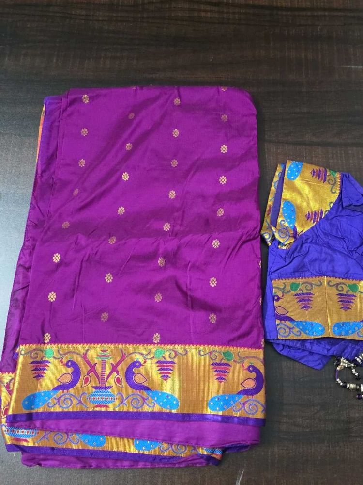 semi paithani Purple Saree with Peacock Border