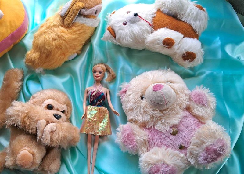 5 Pcs Soft Toys + Barbie | Cute Plush Teddy