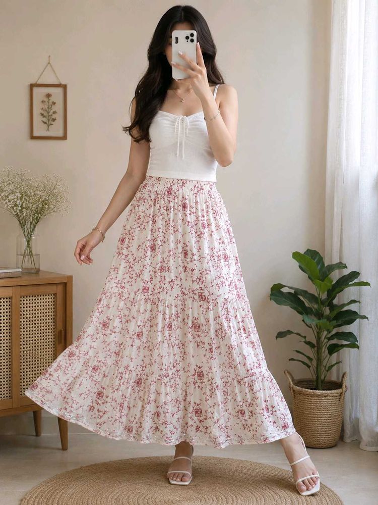 White &amp; Pink Floral Printed Flared Maxi Skirt