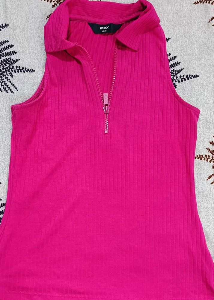 Ribbed Pink Collared Zip-Up Top