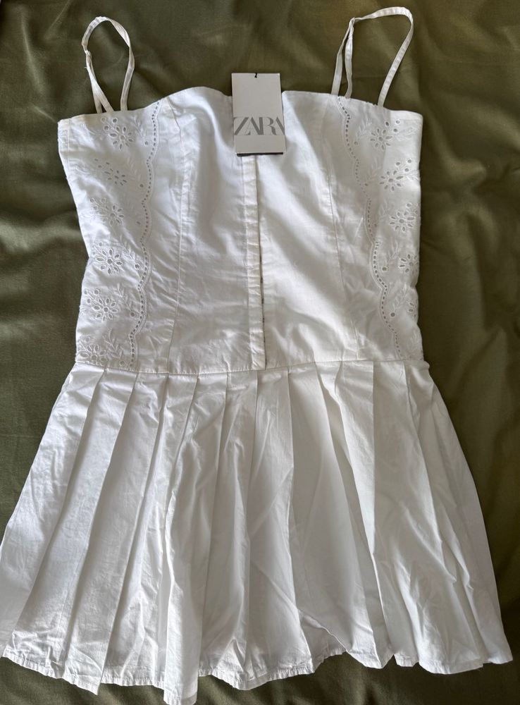 Zara White Eyelet Pleated Dress