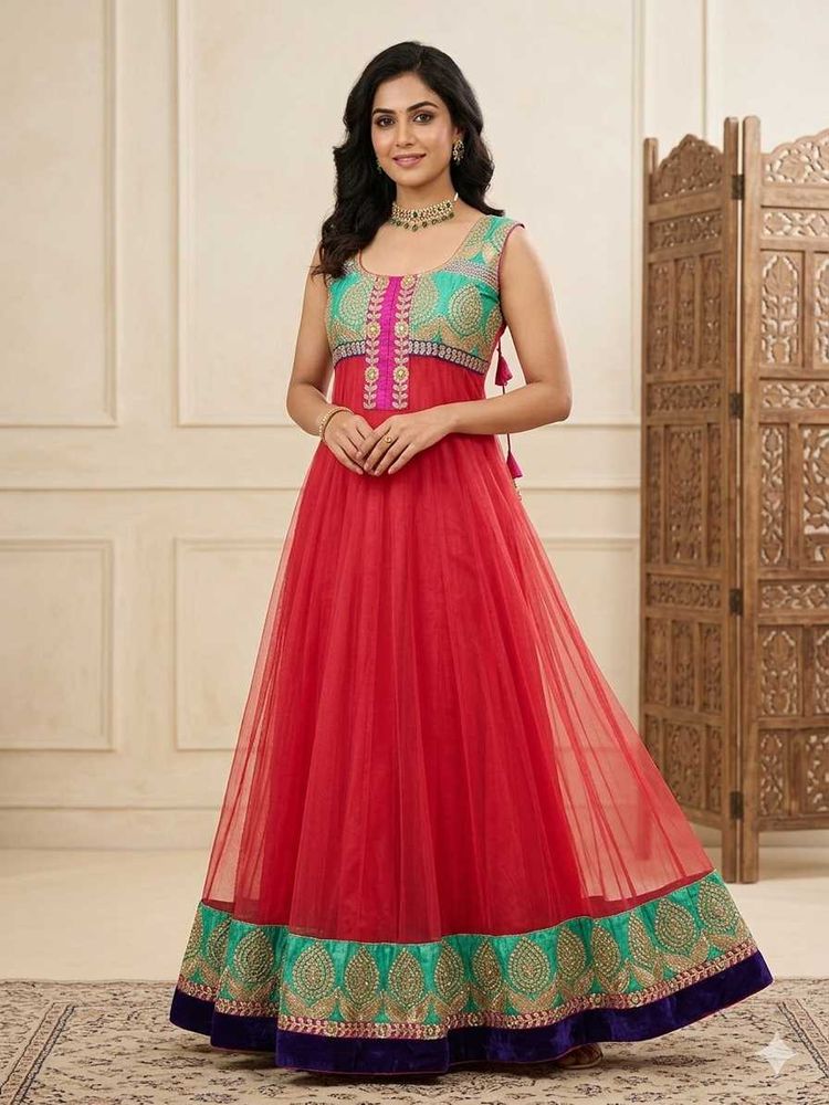 Stunning Red &amp; Teal Embroidered Anarkali Dress