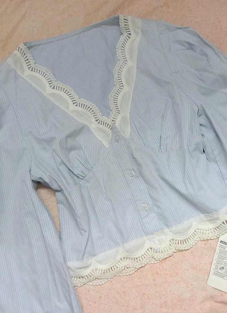 Blue Striped Lace Trim Top
