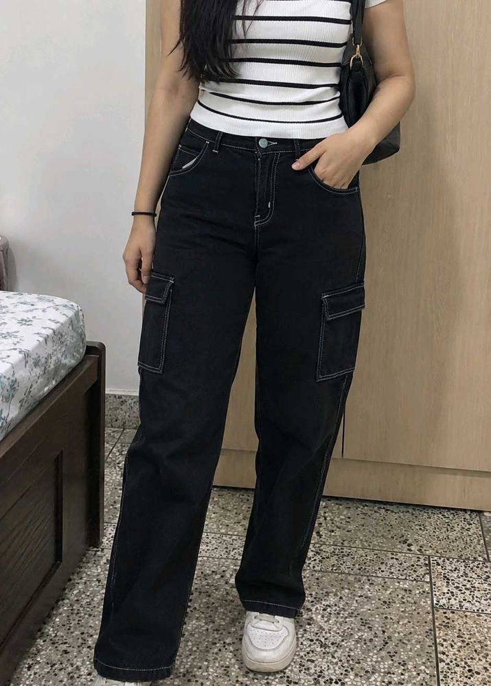 Black Cargo Jeans with Contrast Stitching