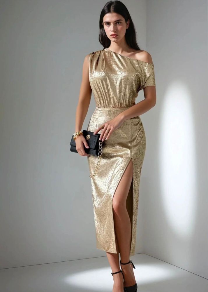Newme Gold Metallic Asymmetric Neck Midi