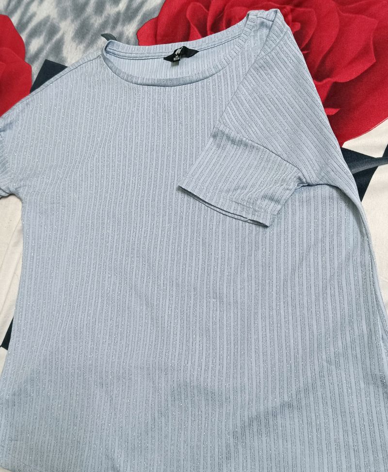 Periwinkle Light Blue Shimmer Stripped Tshirt  Size- M(92cm)