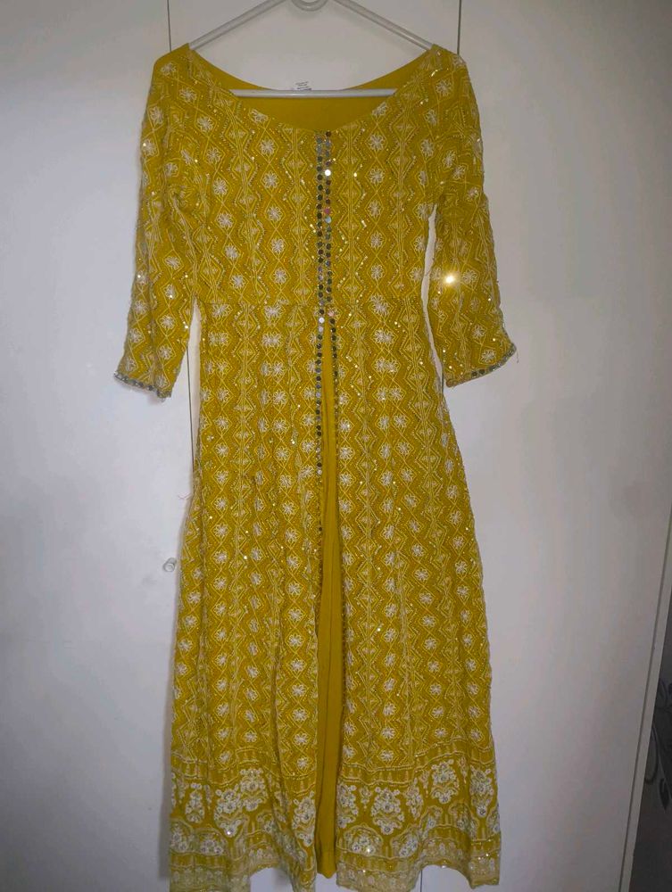 Women's Yellow Embroidered Anarkali Gown with Mirr