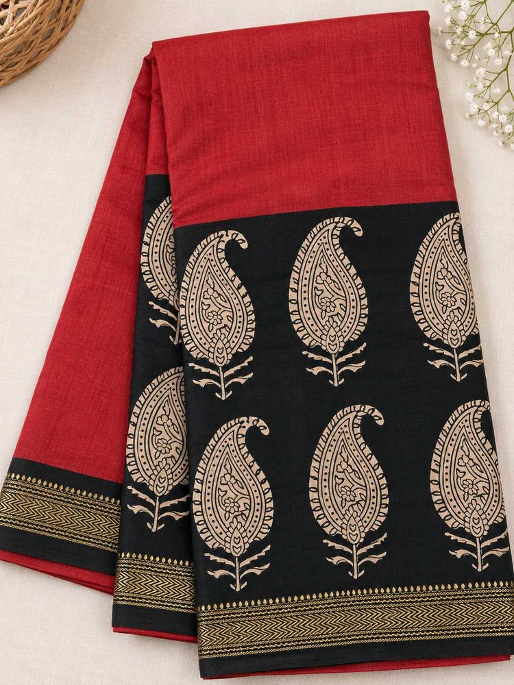 Elegant Red &amp; Black Paisley Cotton Chanderi Saree