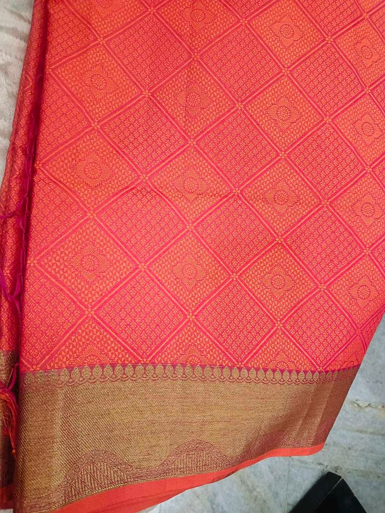 Vibrant Orange &amp; Pink Silk Saree