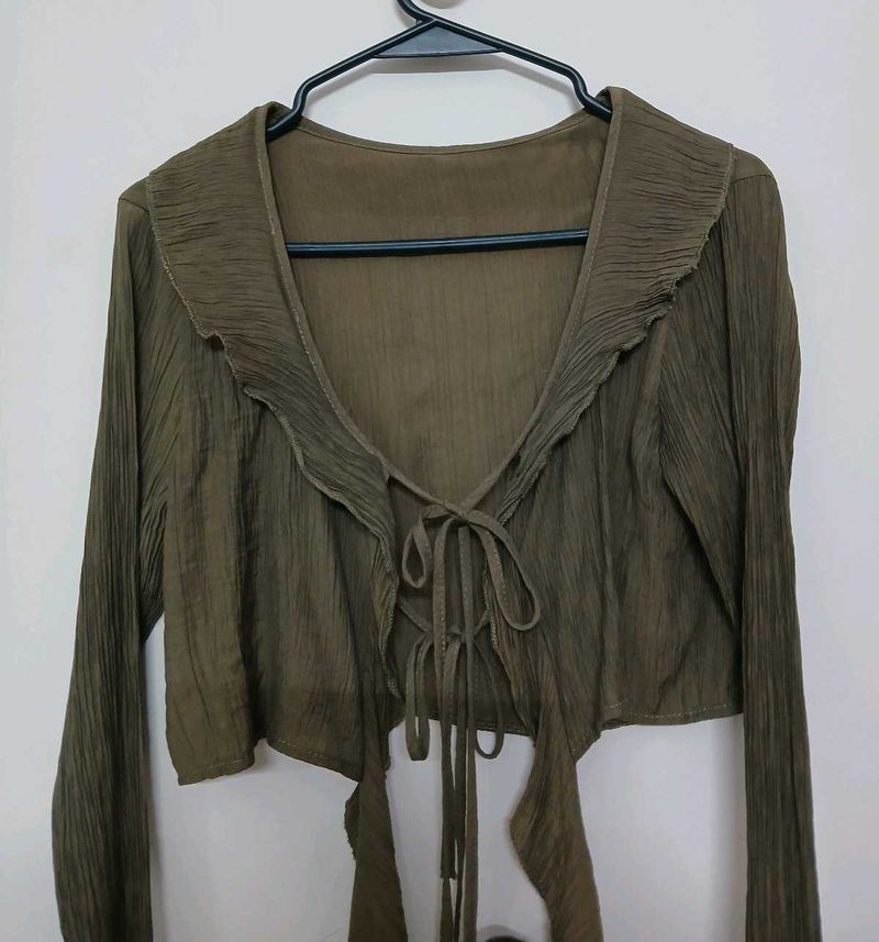 Olive Green Tie-Front Cropped Top