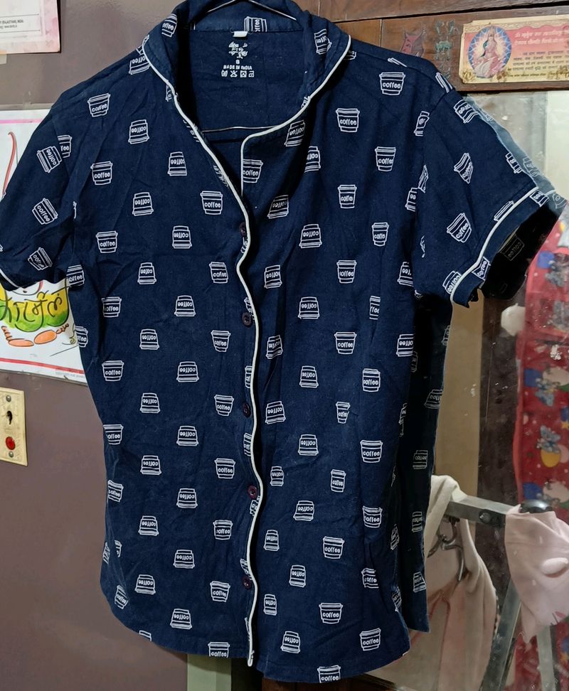 Masha Women Navy Blue Coffee Print Payjama Set