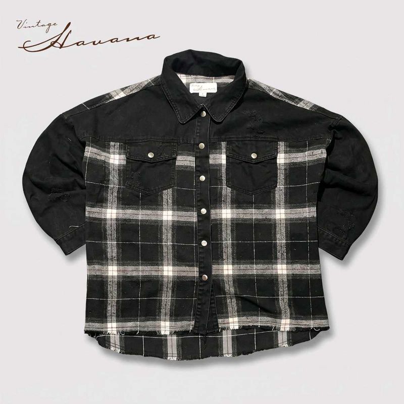 Vintage Havana Plaid Flannel &amp; Denim Mix Overshirt