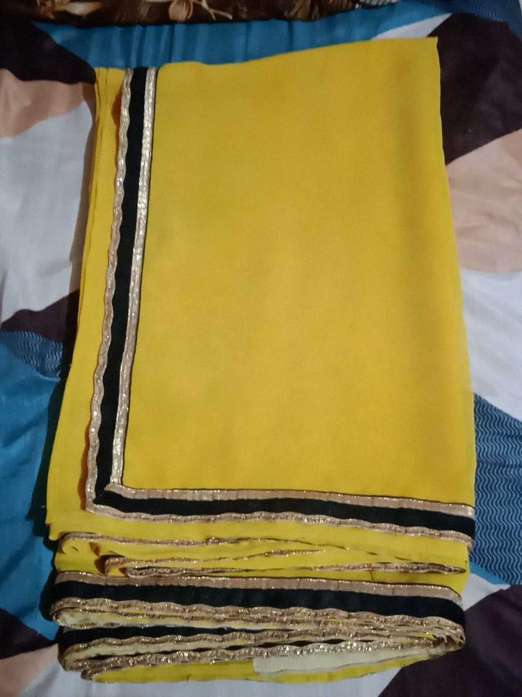 Vibrant Yellow Saree with Black &amp; Gold Border