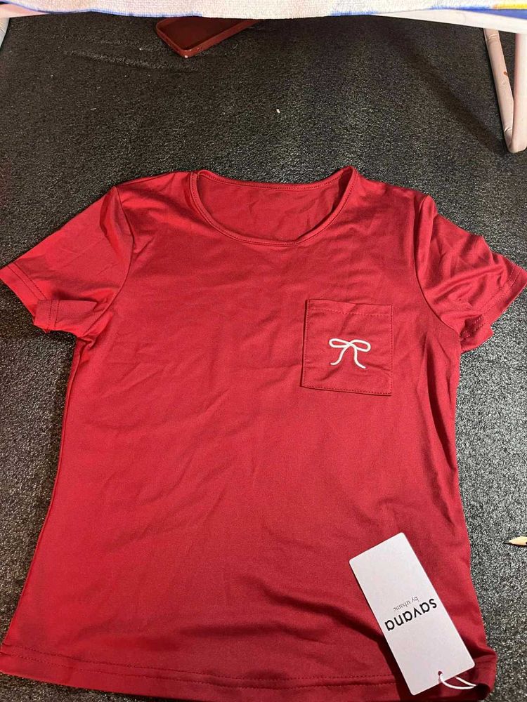 Red Crew Neck T-Shirt with Bow Pocket Detail