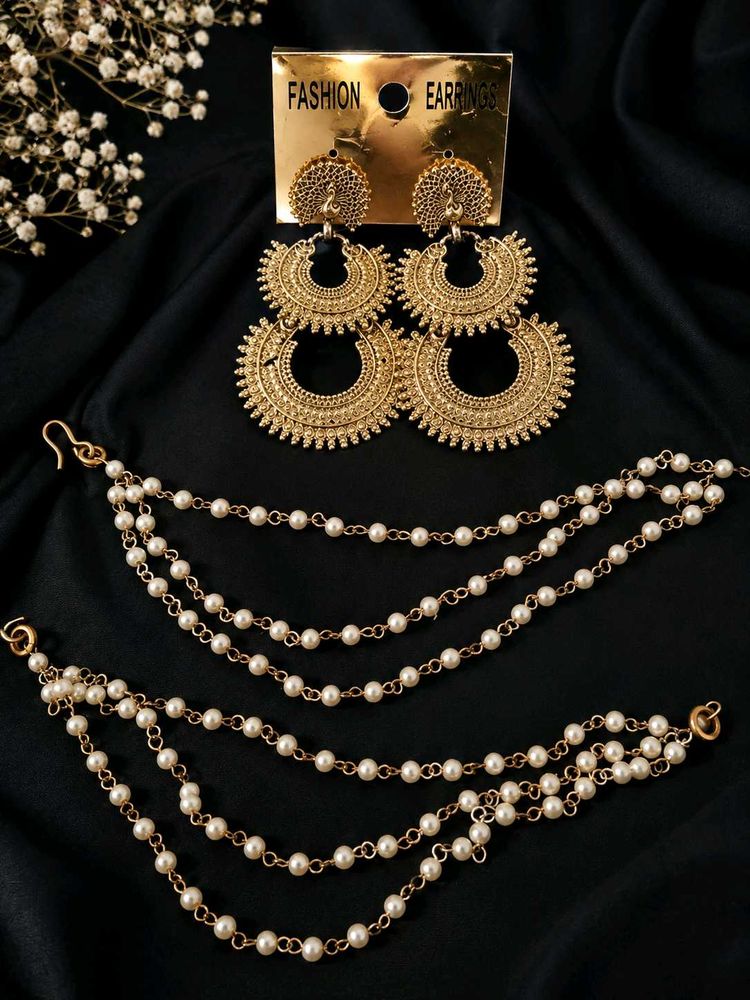 Elegant Gold Pearl Dangler Earrings &amp; Chain
