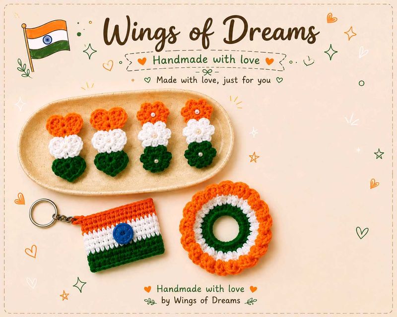 Handmade Crochet Indian Flag Hair Clips &amp; Keychain