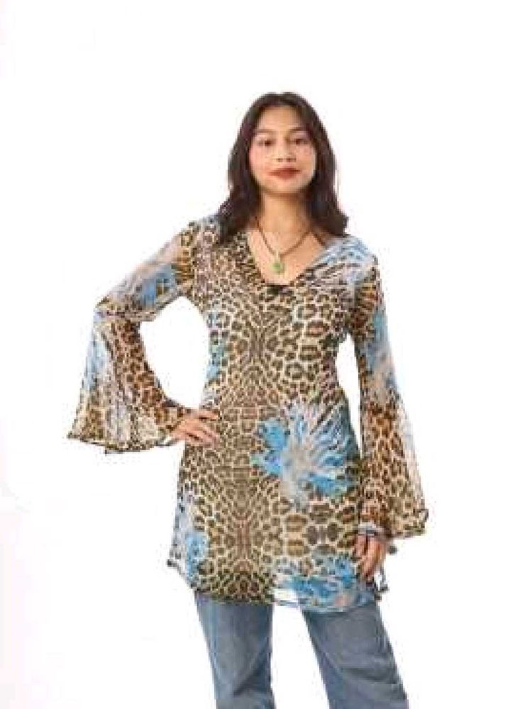 ✨ y2k Leopard Print Georgette Bell Sleeve Top