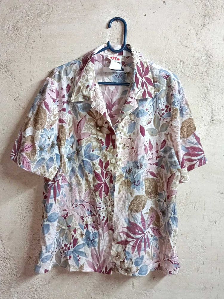 Floral Short Sleeve Button-Up Shirt Oversized