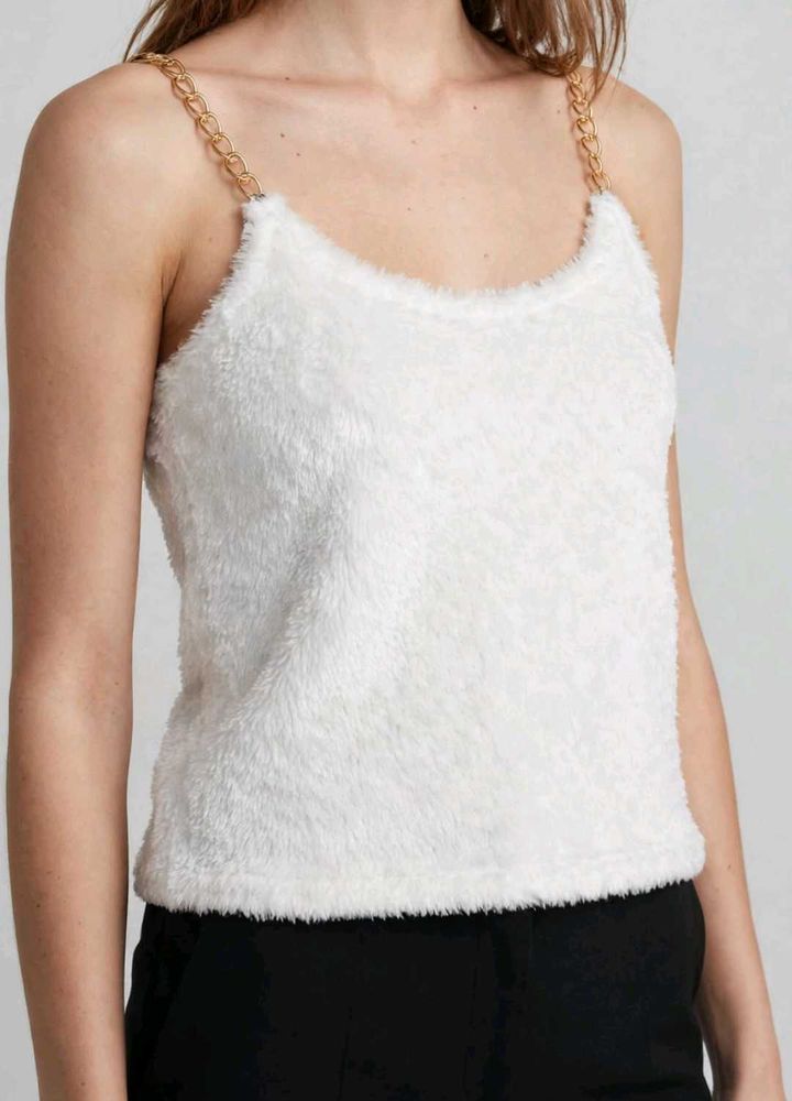 Fuzzy White Tank Top with Gold Chain Straps