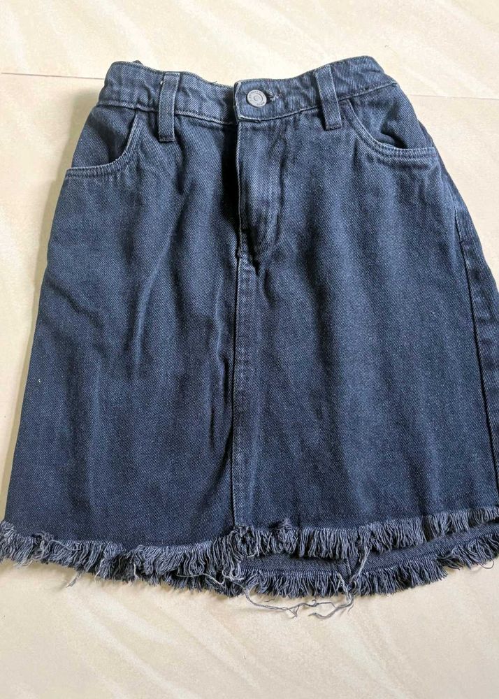 Classic Denim Mini Skirt with Fringes