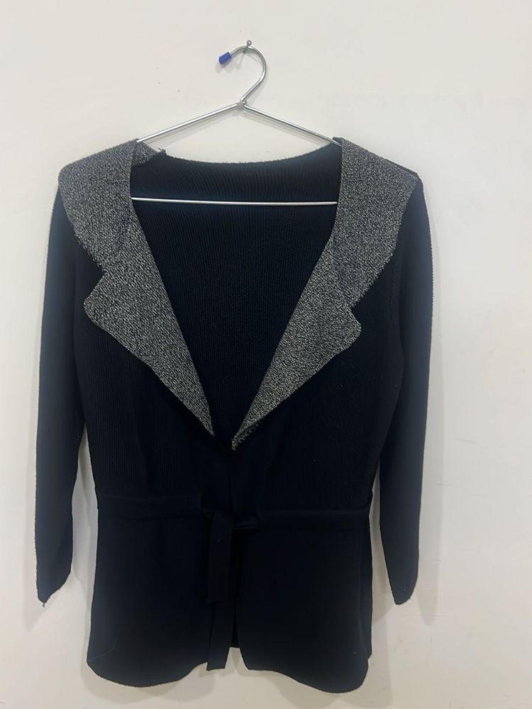 Chic Black Cardigan with Gray Accents