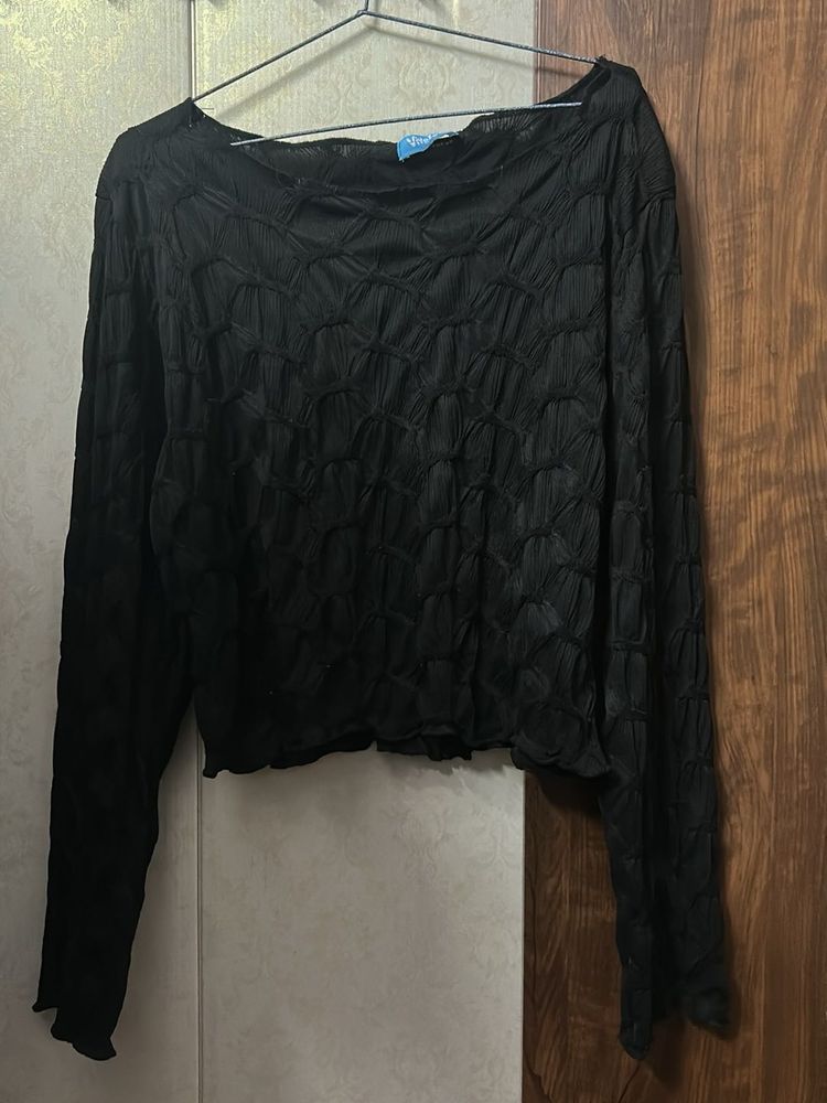 Black Textured Long Sleeve Top