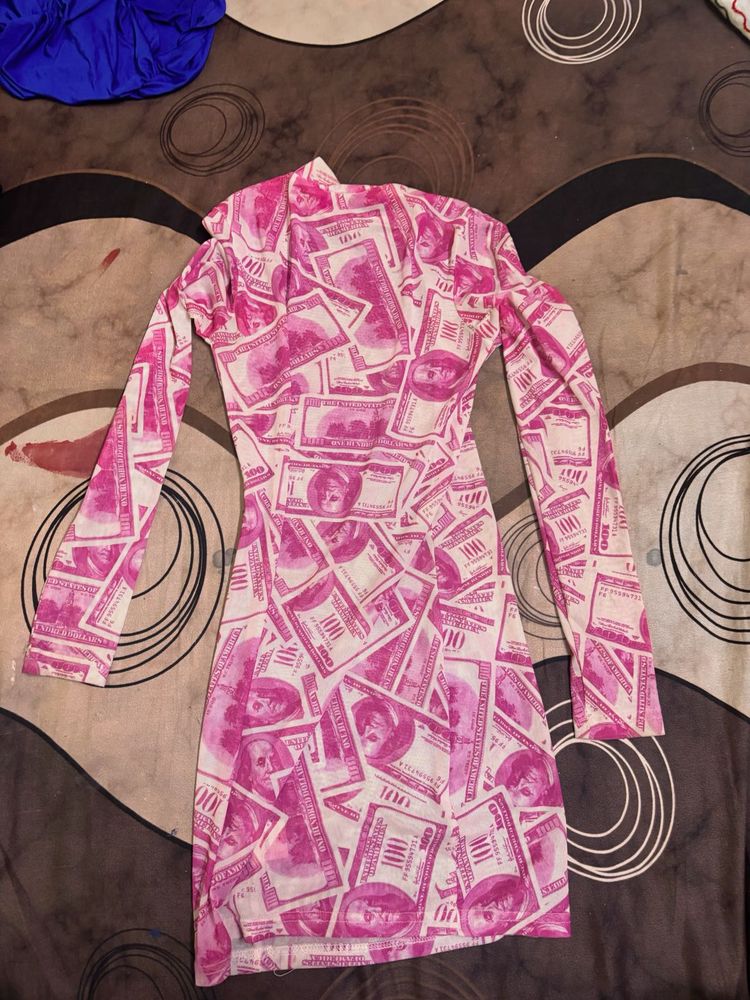Unique Money Print Long Sleeve Dress