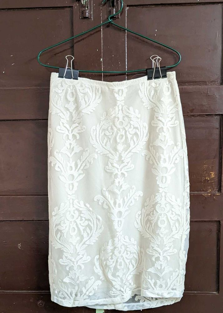 White Lace Overlay Midi Skirt