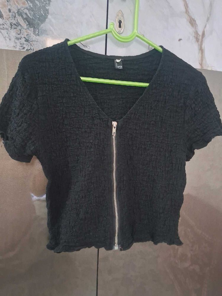 Black Textured Cropped Zip Top