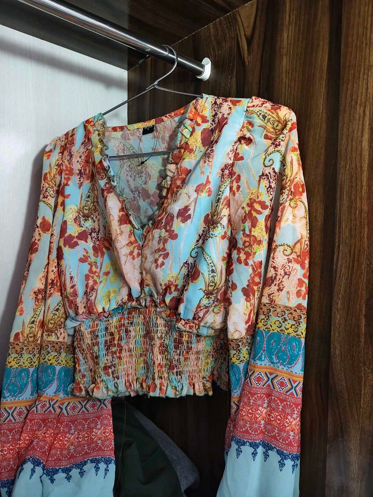 Boho Print Smocked Crop Top