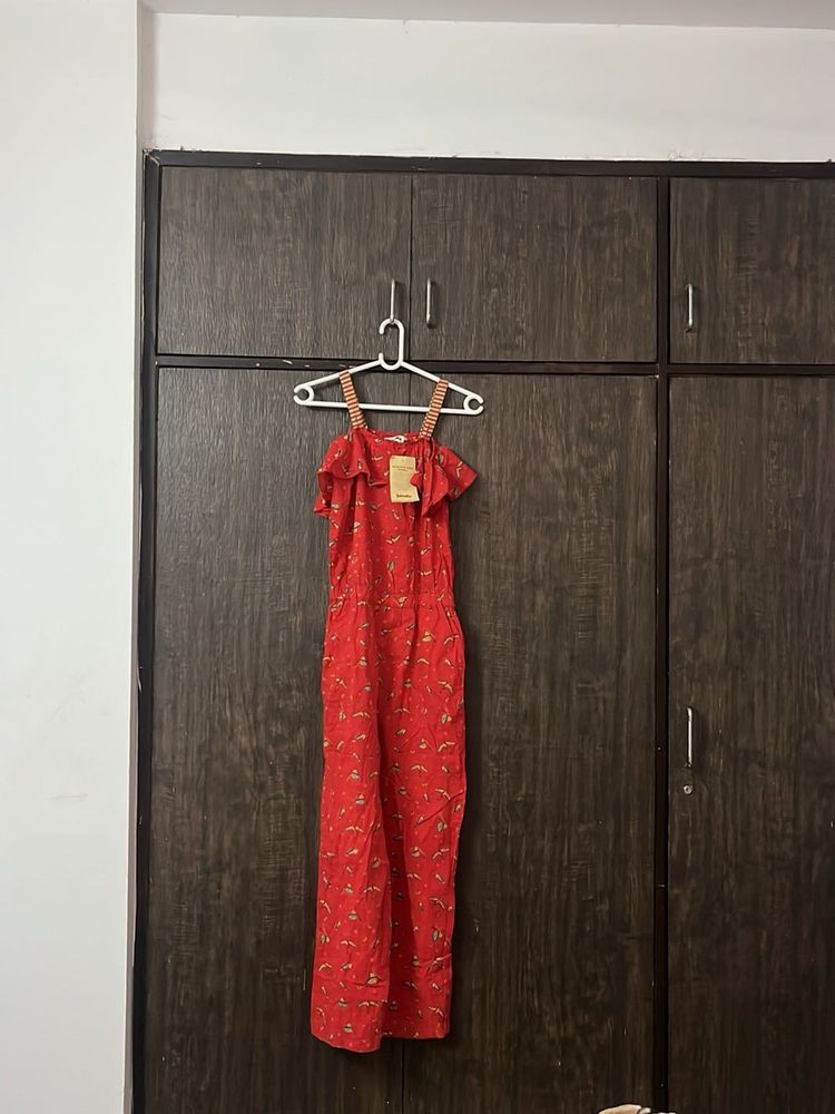 Red Printed Jumpsuit with Ruffles