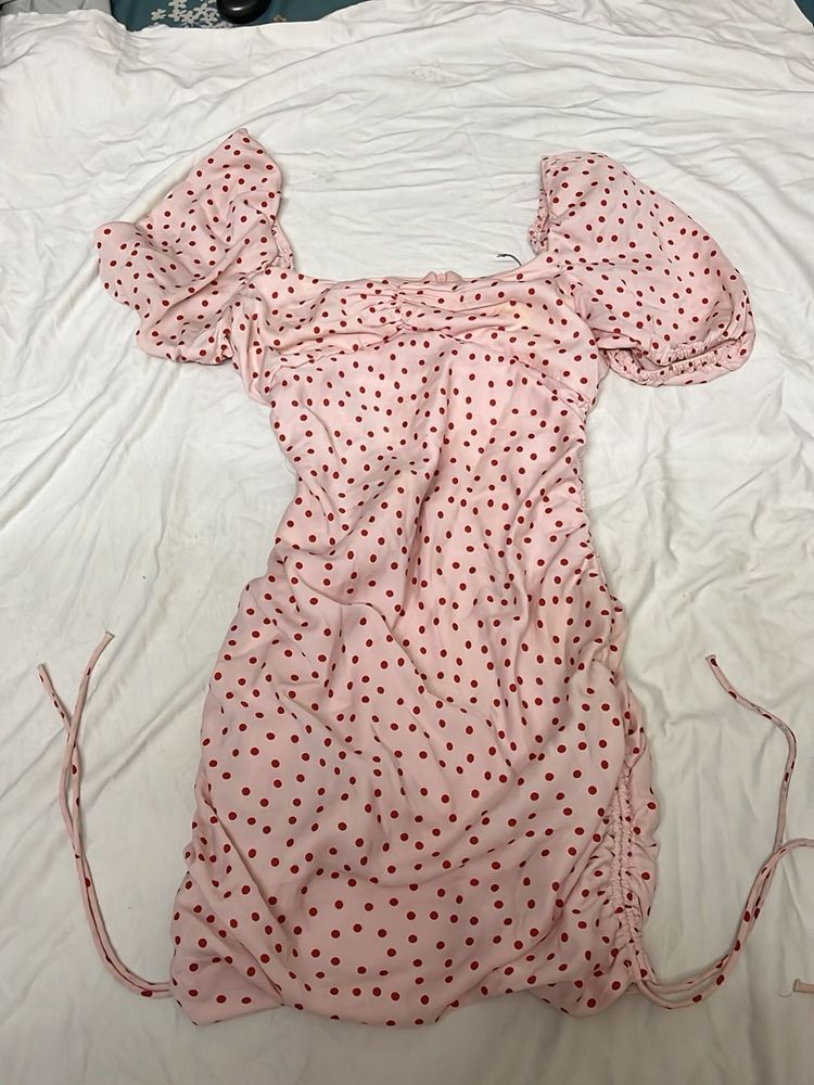 Pink Polka Dot Ruched Mini Dress