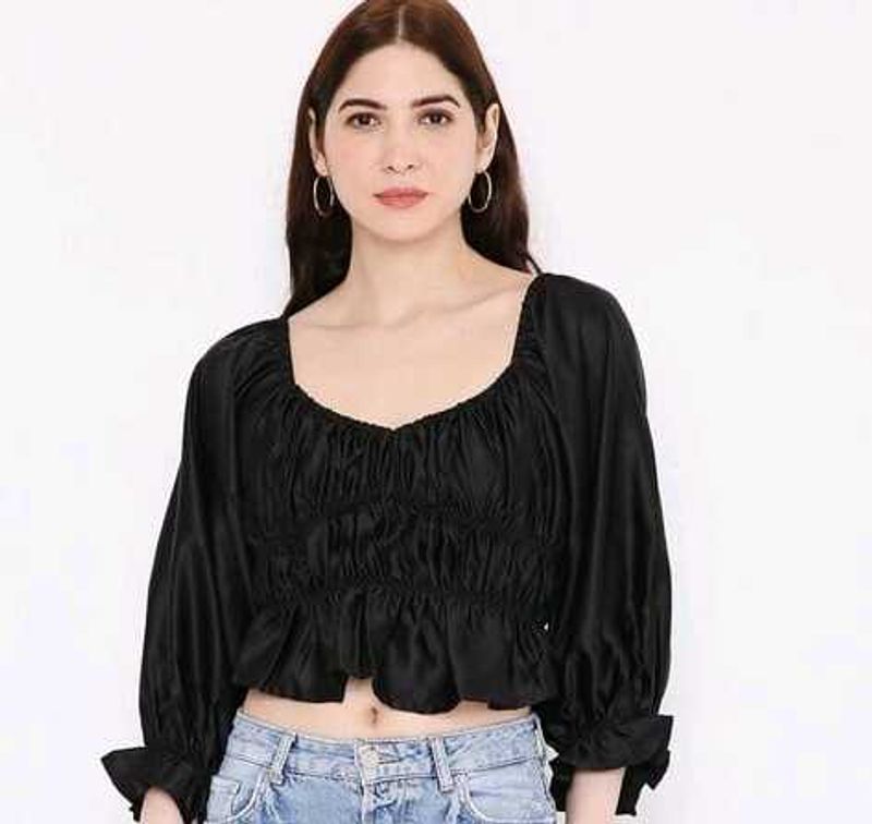 Forever 21 Black Smocked Peplum Blouse/ Crop Top