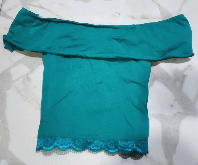 Teal Off-Shoulder Lace Trim Top