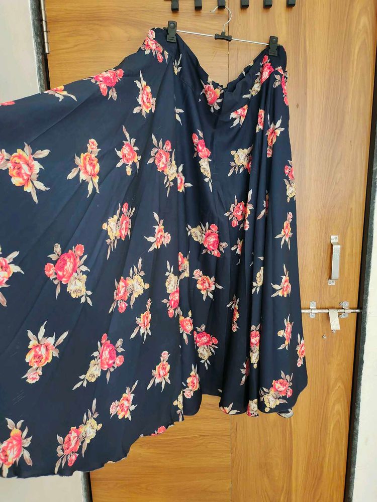Navy Floral Print Maxi Skirt