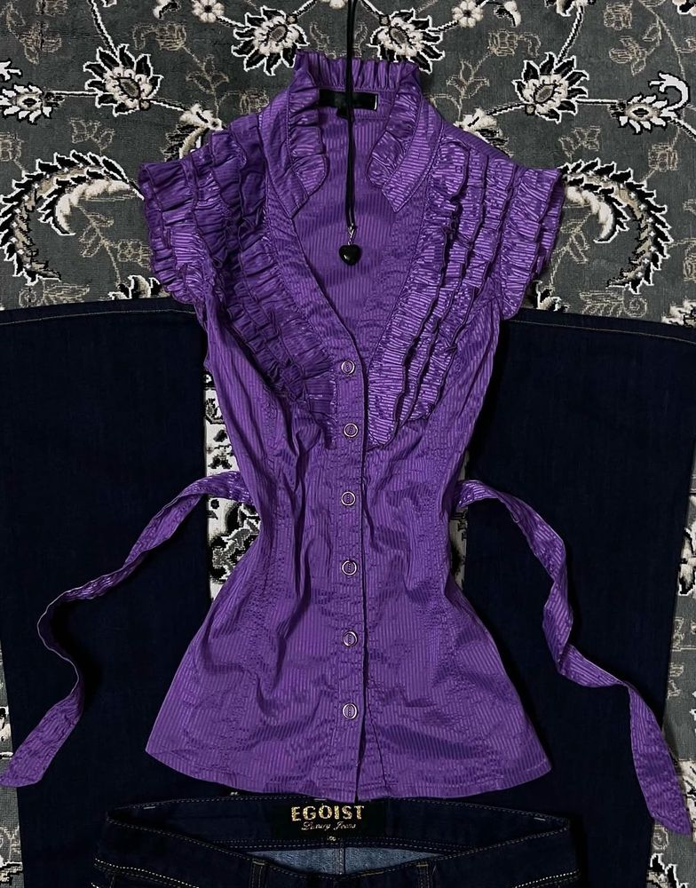 Chic Purple Ruffled Button-Up Blouse