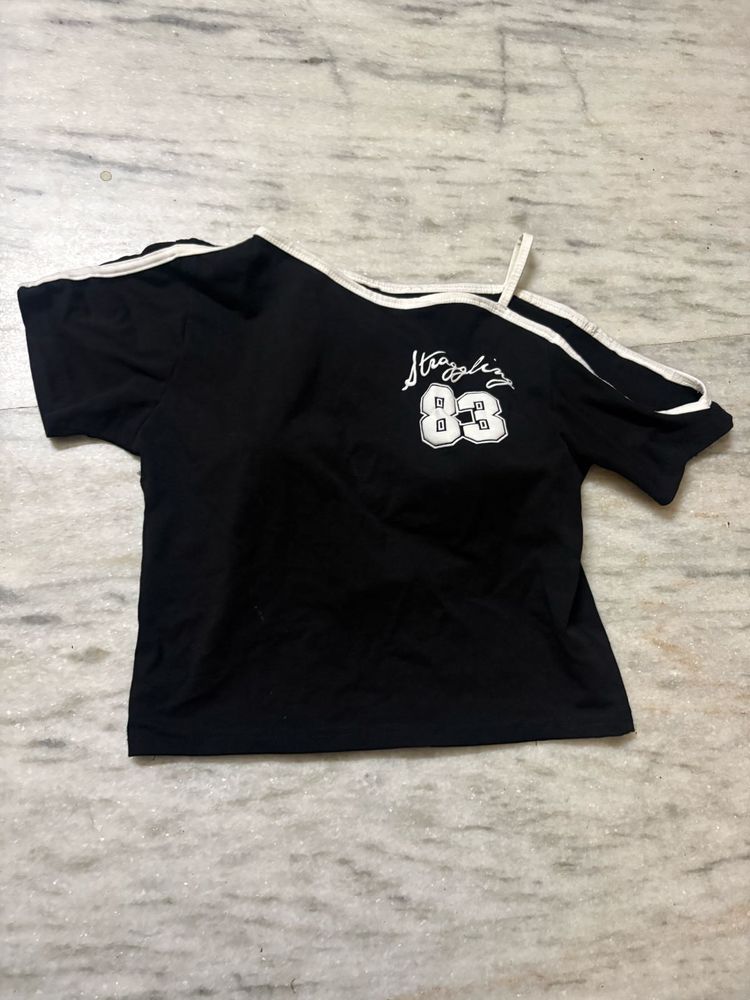 Black One-Shoulder Crop Top with "83"