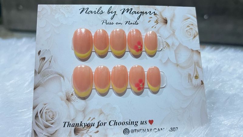 Press on Nails French Tip with Flower Accent