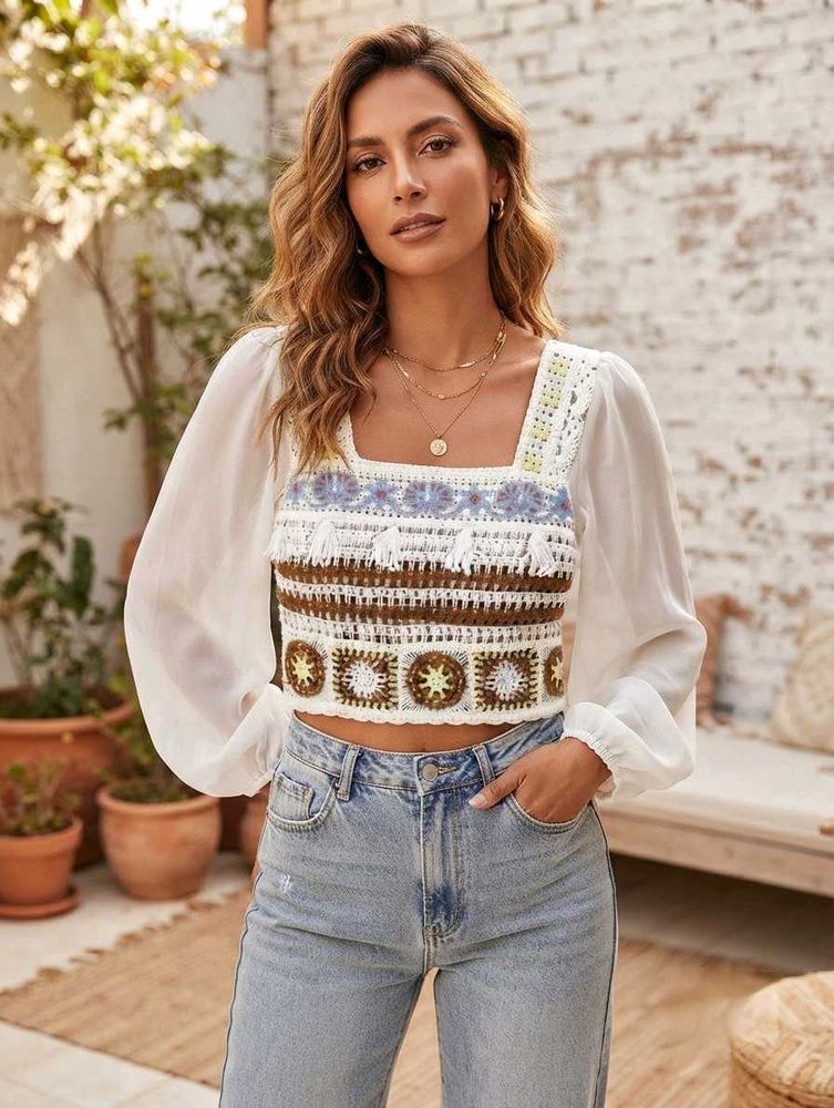 Boho😍 Crochet Crop Top with Sheer Sleeves