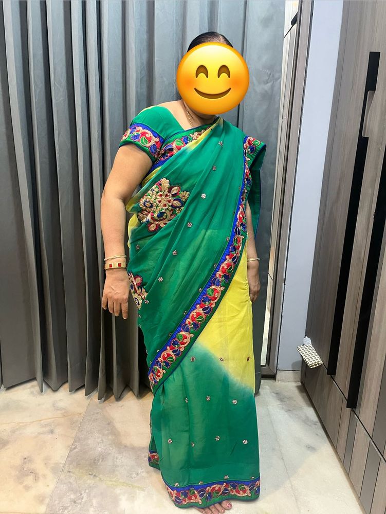 Pure Georgette yellow green saree