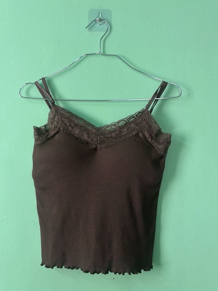 Brown Lace Trim Cami Top